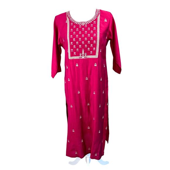 Fuchsia Pink Gold Chikankari Indian High Slits Half Sleeve Kurta Tunic Top M/L - Picture 1 of 13
